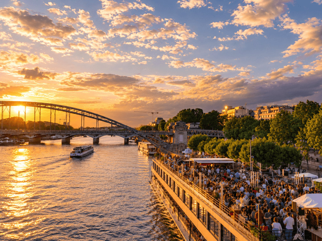 Un rooftop animé au coucher du soleil, avec une vue imprenable sur les quais de Seine